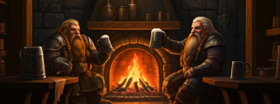 Two dwarves enjoy a pint next to the fire.