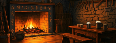 Fireplace in the common room at Deep Delve Inn.