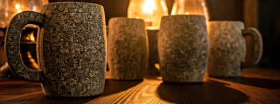 Four stone mugs sit on a table in a tavern.