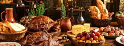 Mountains of food laid out on a table.