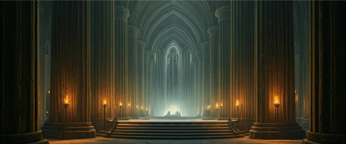 Main hall of Moria lit up with torches.