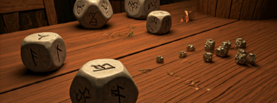 Runic dice on a wooden table.